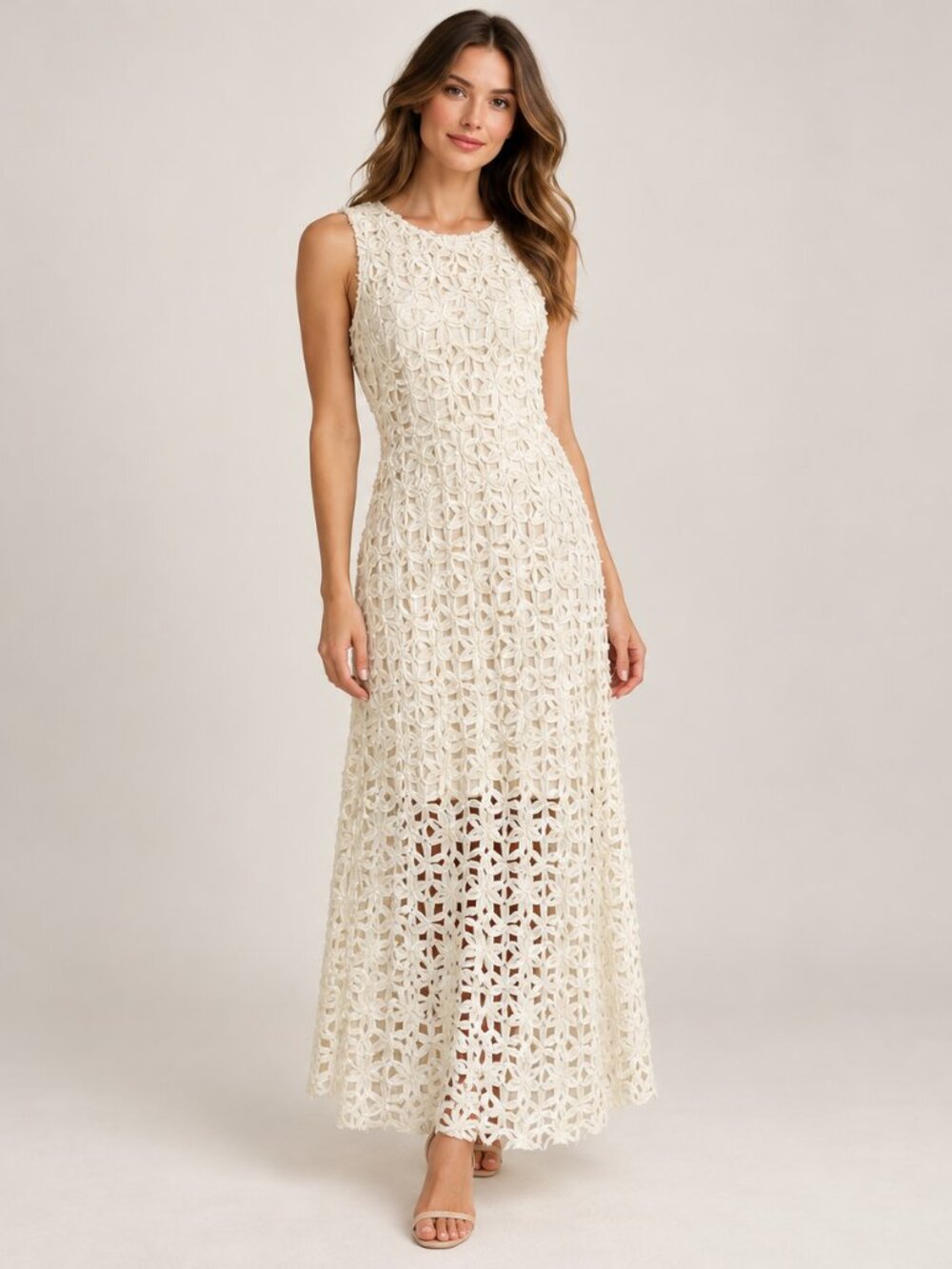 Avara Cream Openwork Floral Lace Midi Dress Size L NWT